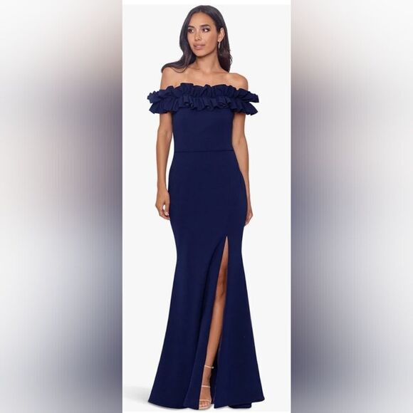 Xscape 4767 Naya Ruffled Off-the-Shoulder Scuba Gown NWT size 12 Navy Blue - Picture 1 of 6